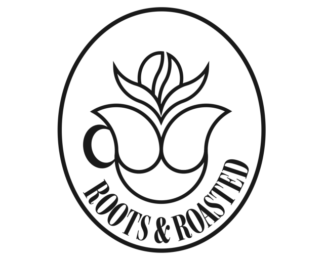Roots & Roasted logo — a coffee cup blooming into a tulip