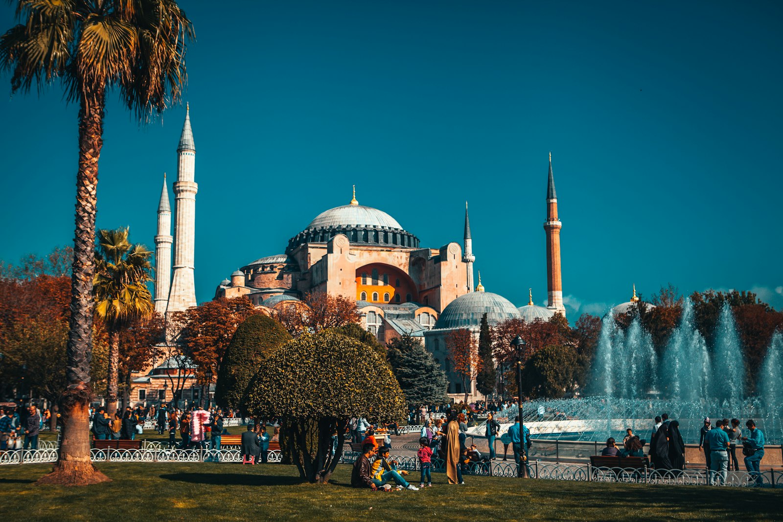 Sultanahmet Park between Hagia Sophia and the Blue Mosque, with the fountain in the foreground