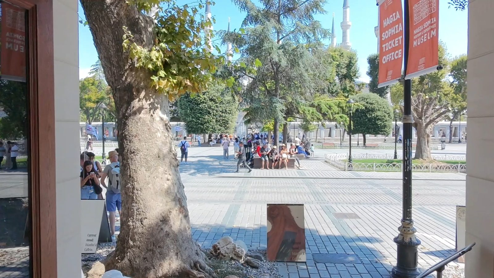 View from the doorway onto Sultanahmet Square — plane trees, the Hagia Sophia ticket office and minarets beyond